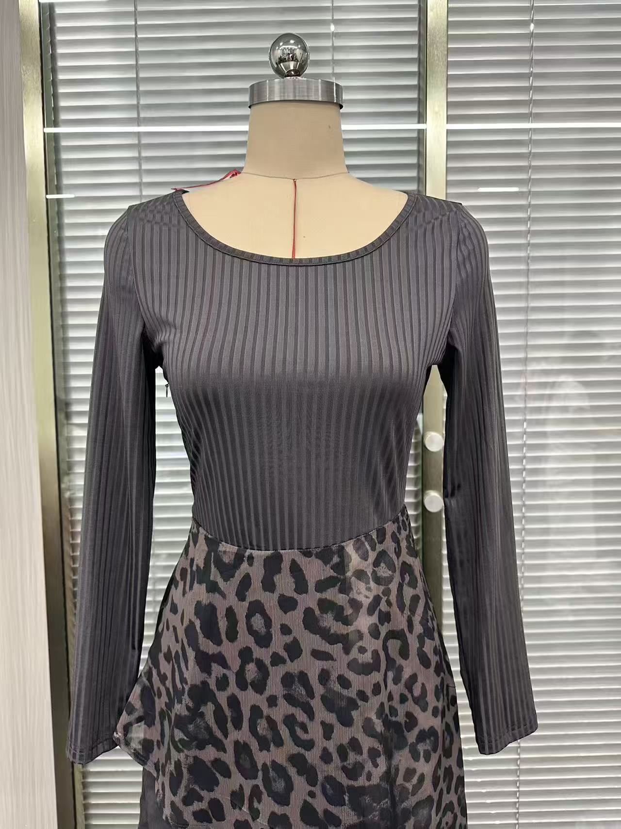 Women's leopard print ribbed knit dress back view – full skirt and maxi length
