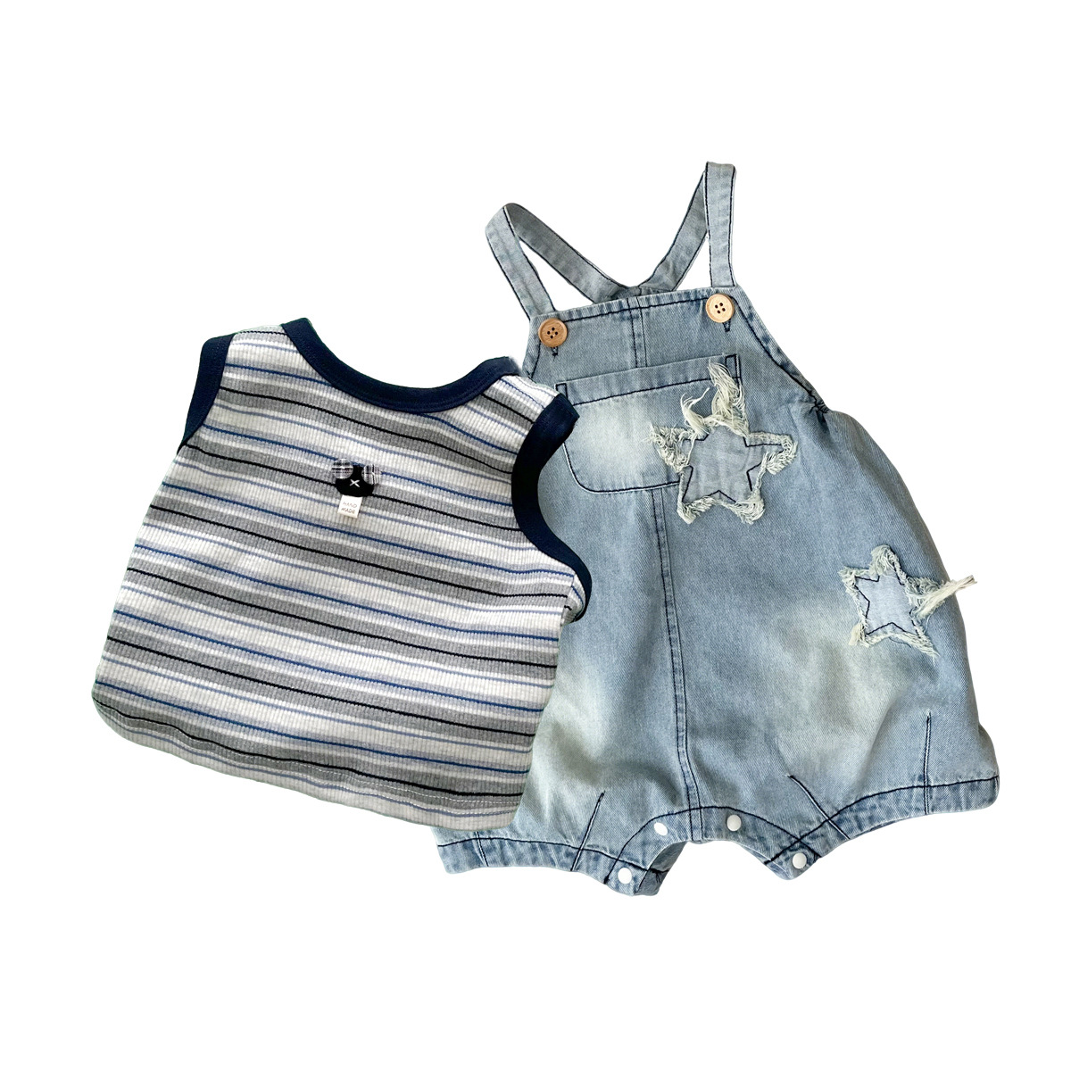 Toddler Overalls Shorts Set, Boys Vest T-Shirt, Fashionable Casual Denim Two-Piece Set