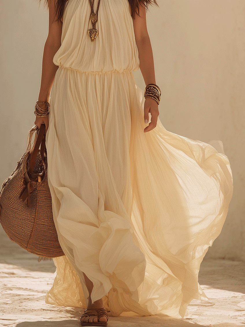 Solid color halter maxi dress beige – boho fairy style long dress