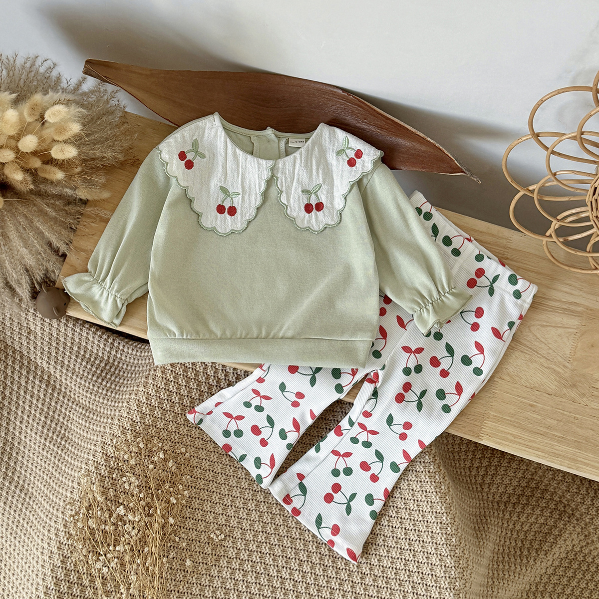 Cherry Embroidered Set with Collar Hoodie and Fully Printed Cherry Bell Spangled Pants