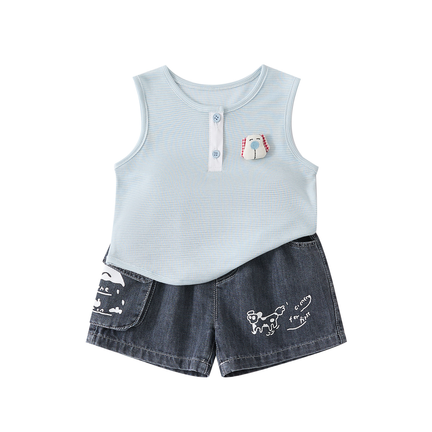 Cartoon Dog Knit Vest and Baby Casual Denim Shorts Two-Piece Set