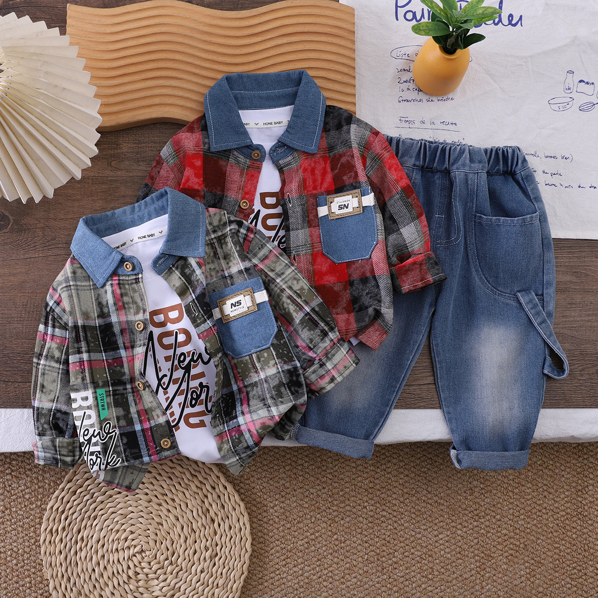 Checkered shirt casual long sleeved three piece set