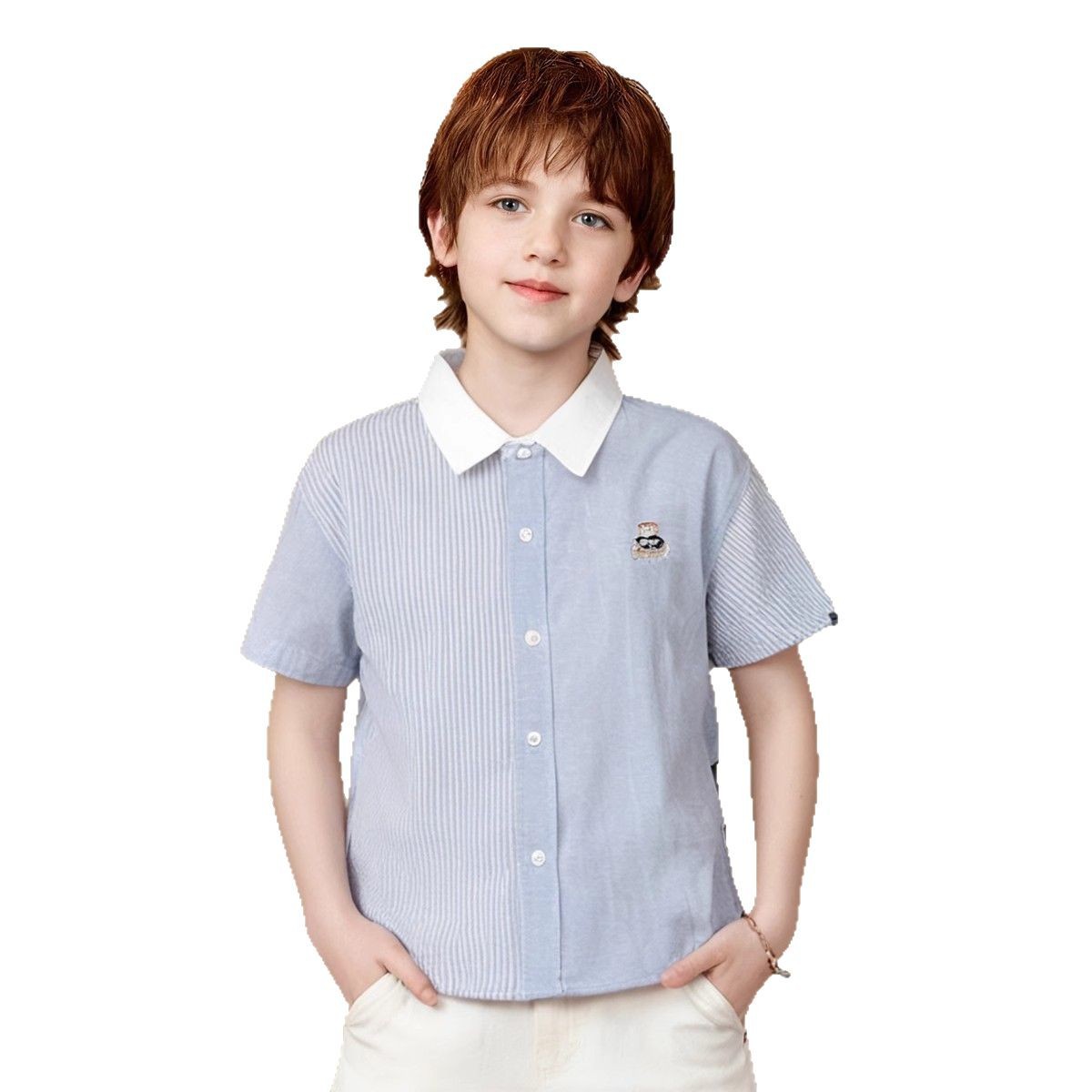 Short Sleeve Shirt for Kids Boy with Bear Embroidery Loose Fit, Turn-Down Collar Top