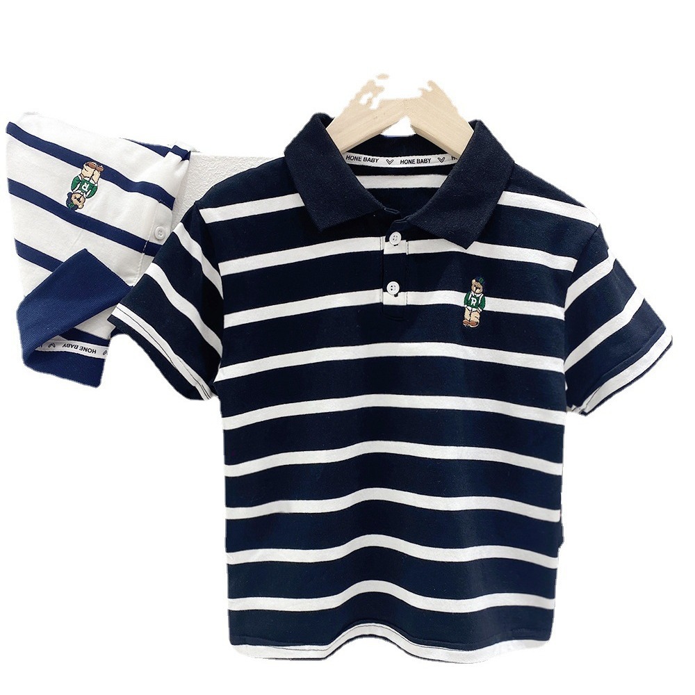 Short Sleeve T-Shirt Turn-Down Collar Striped Baby Trendy T-Shirt for Kids