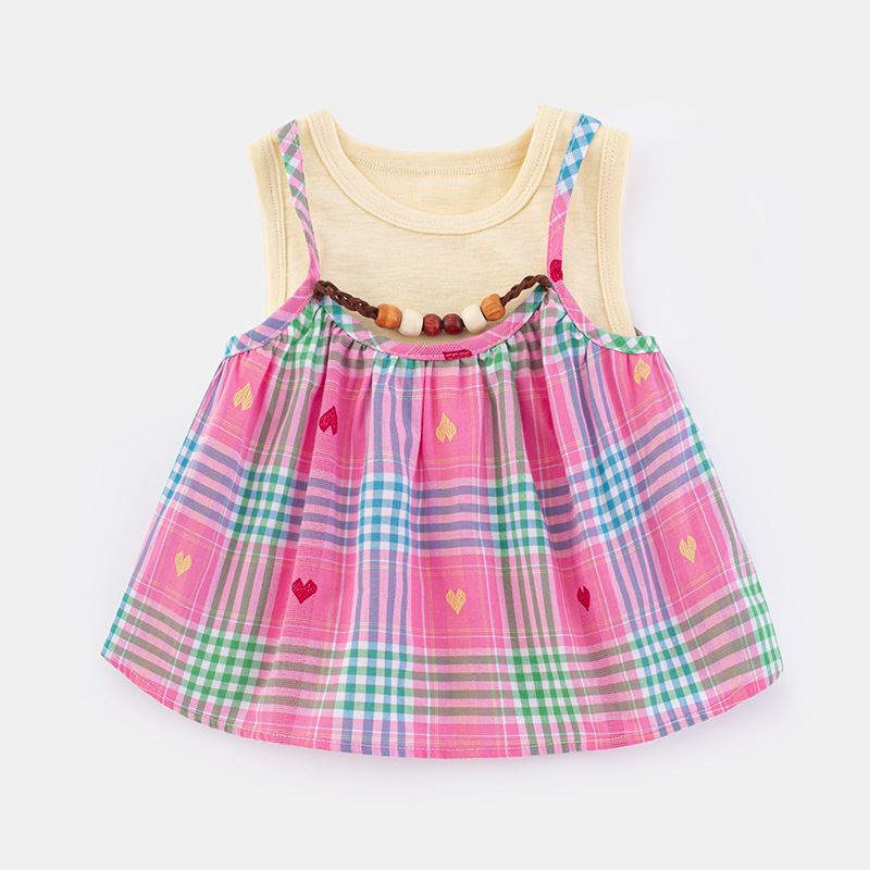 Girls' Set Summer Fashionable Baby Girl Tank Top Plaid Outfit Lightweight Two-Piece Set
