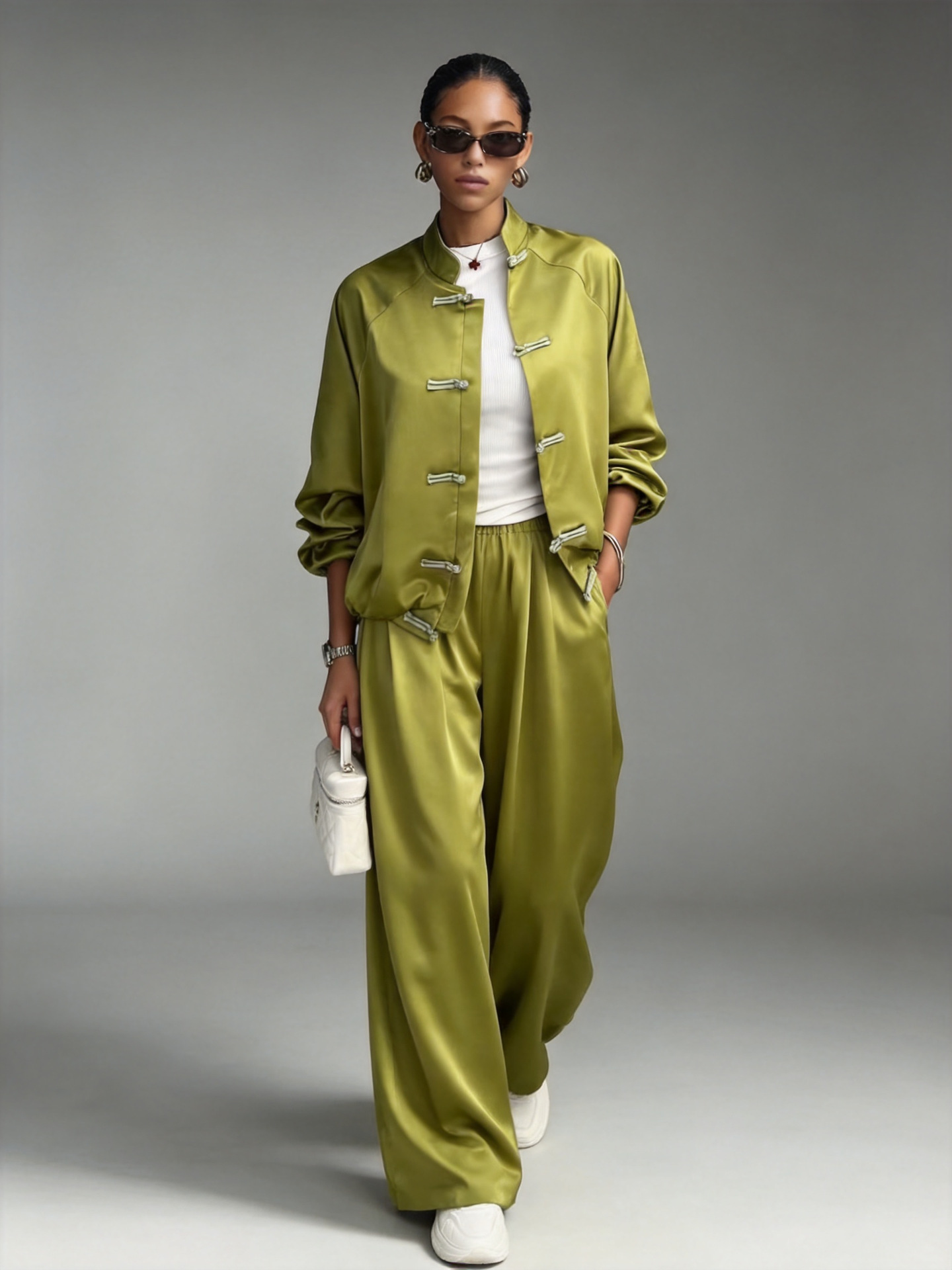 Women's Satin Two-Piece Set - frog button close-up detail