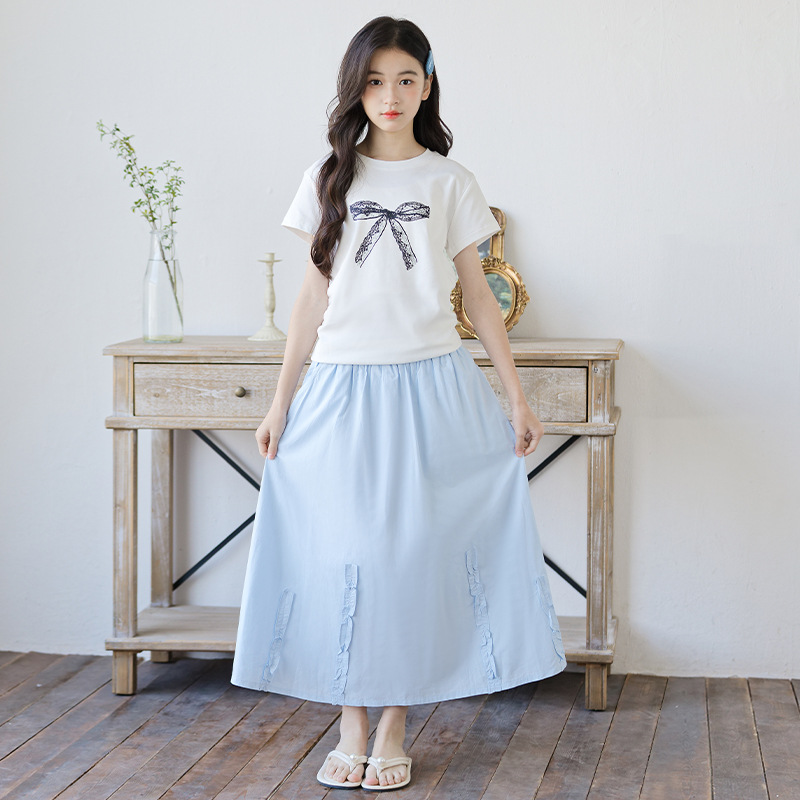 Cute girl's set, floral print T-shirt with bowknot blue skirt two-piece set, short sleeve