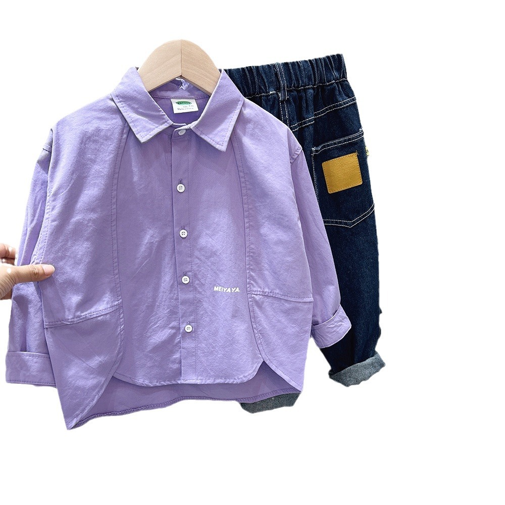 Style Baby Dress Shirt Children's Clothing Medium and Large Size Turn-down Collar Solid Color Letter