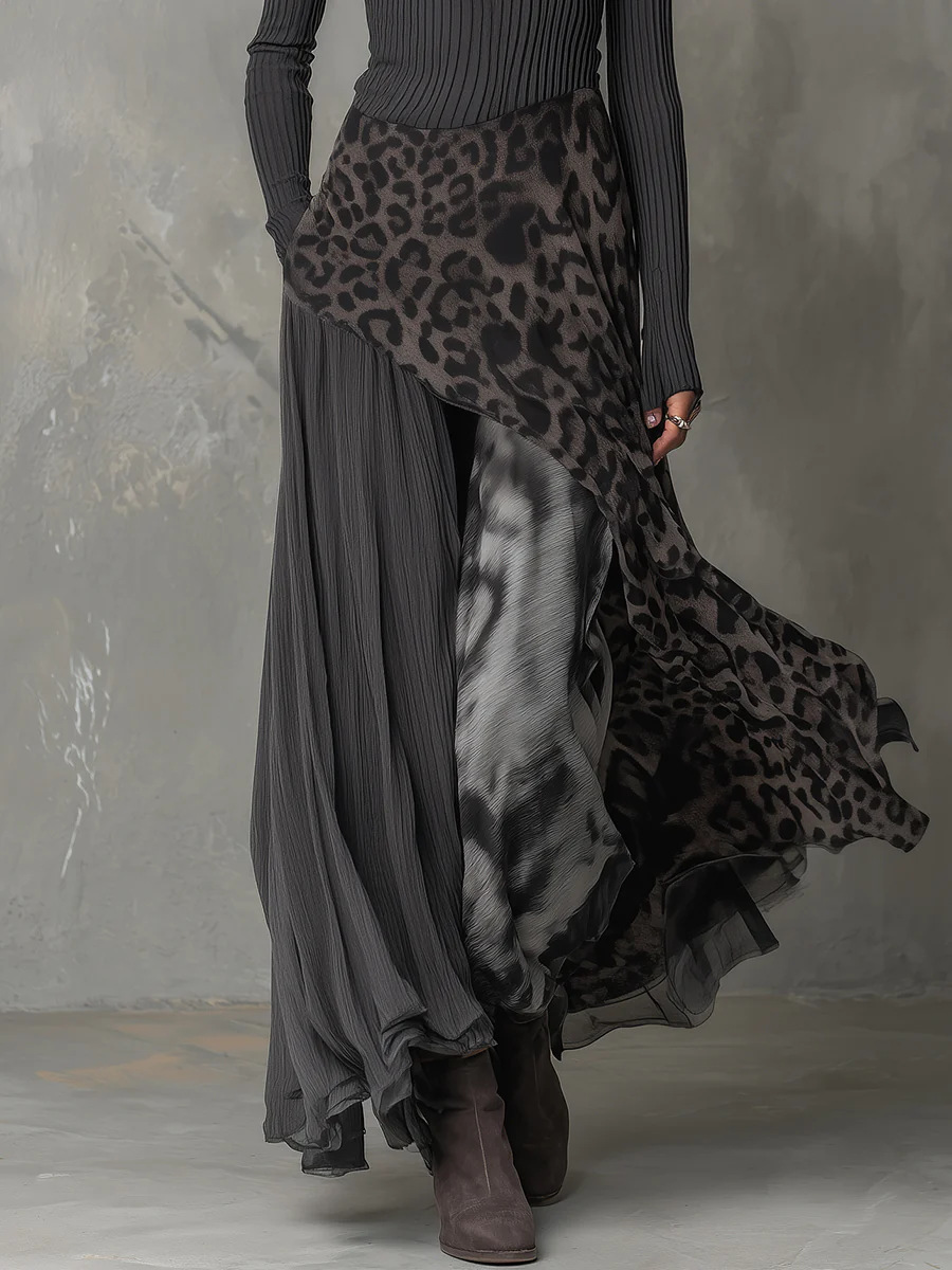 Women's ribbed knit maxi dress movement shot – flowing full skirt leopard print