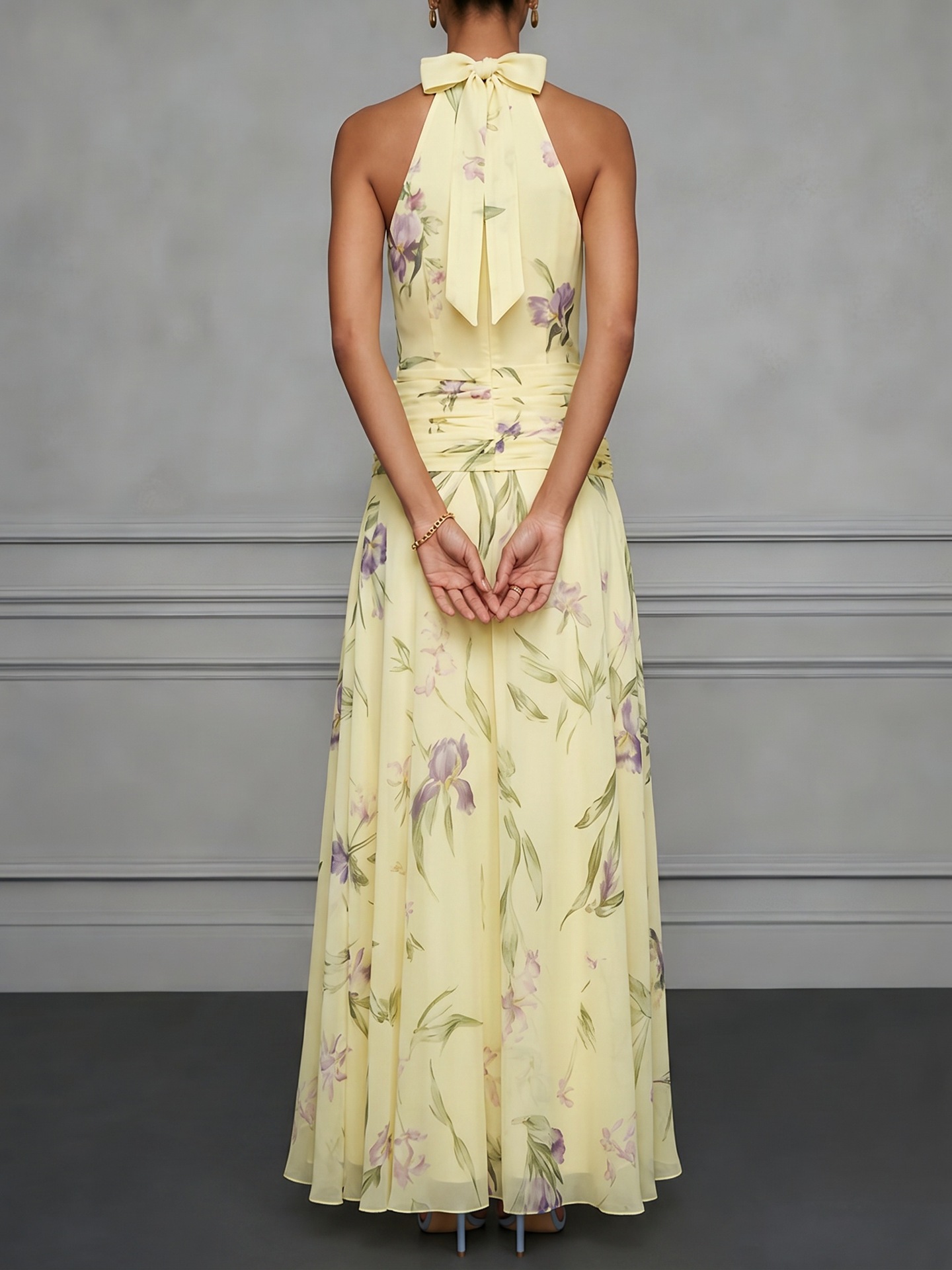 Light yellow halter maxi dress – printed fitted sleeveless long dress vacation