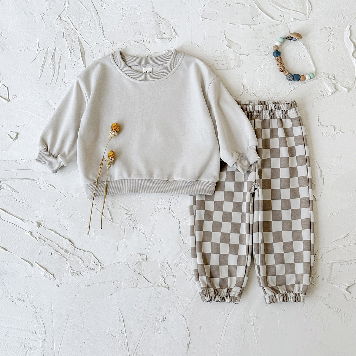 Casual suit solid color hoodie+checkered pants two-piece set