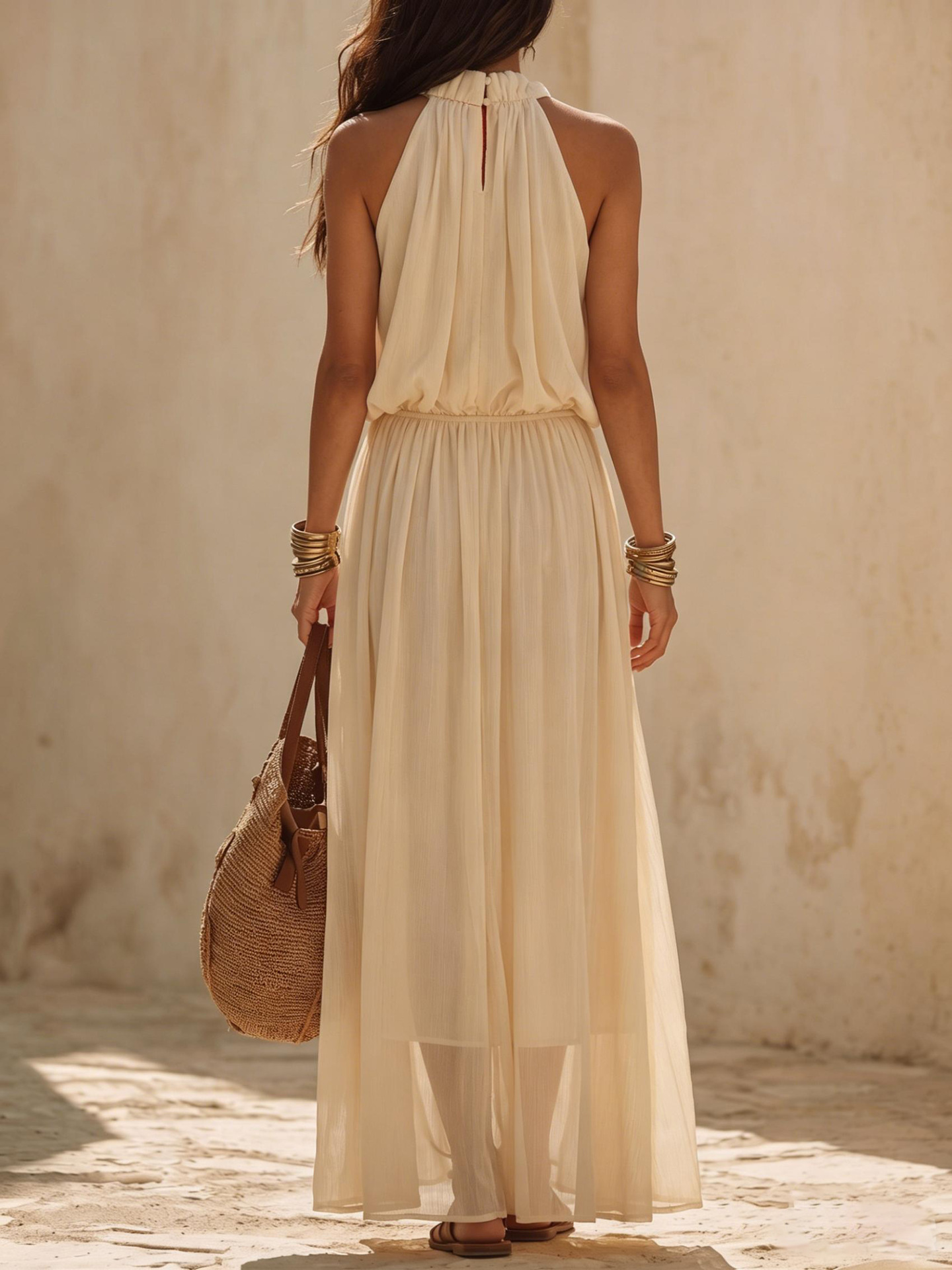 Boho sleeveless maxi dress beige white – resort vacation fairy dress