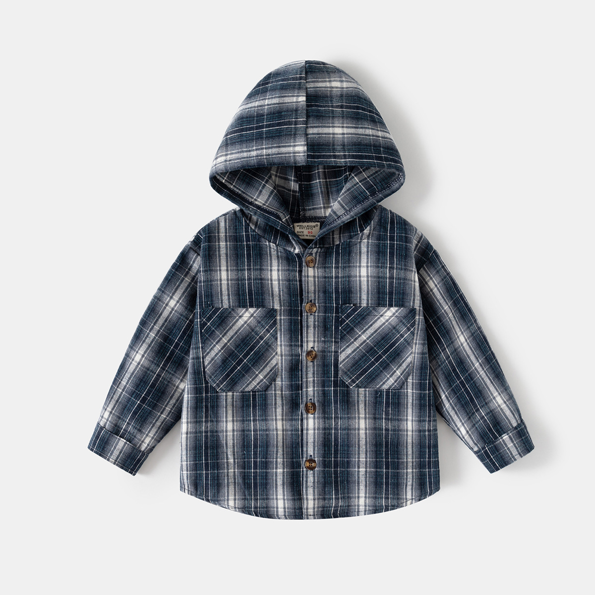 Long Sleeve Shirt for Boys with Hooded Plaid Design Kids Top