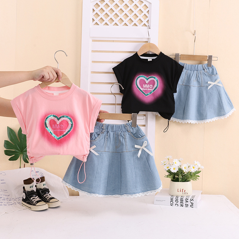 Girl's Love Cowboy Skirt Pants Short Sleeve Baby Two Piece Set