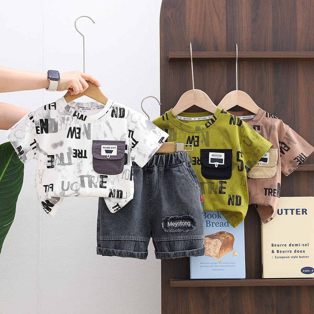 Summer clothing children's summer English round neck short sleeved two-piece set