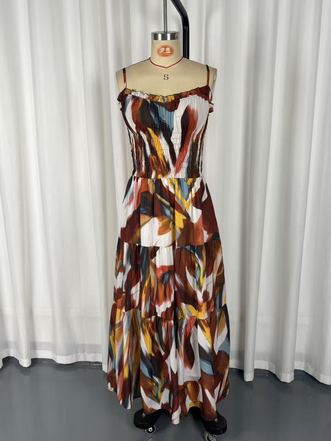 Brown boho maxi dress – spaghetti strap pleated waist pocket dress detail