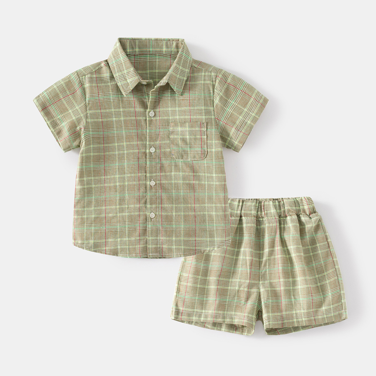 Casual Single-Breasted Button-Up Boy's Short Sleeve Shirt and Shorts Set, Two-Piece Outfit for Kids