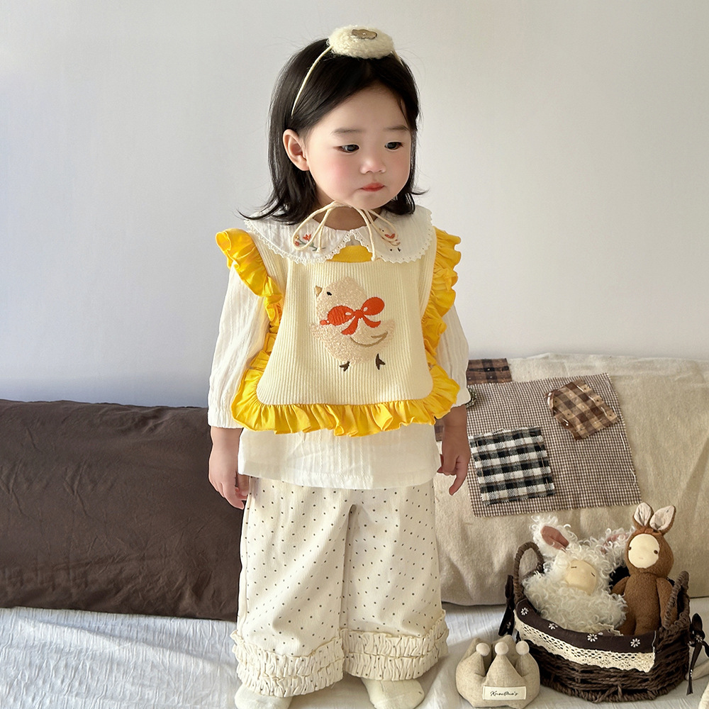 Casual Corduroy Wide Leg Pants for Girls Spring Dot Pattern Straight Leg Trousers