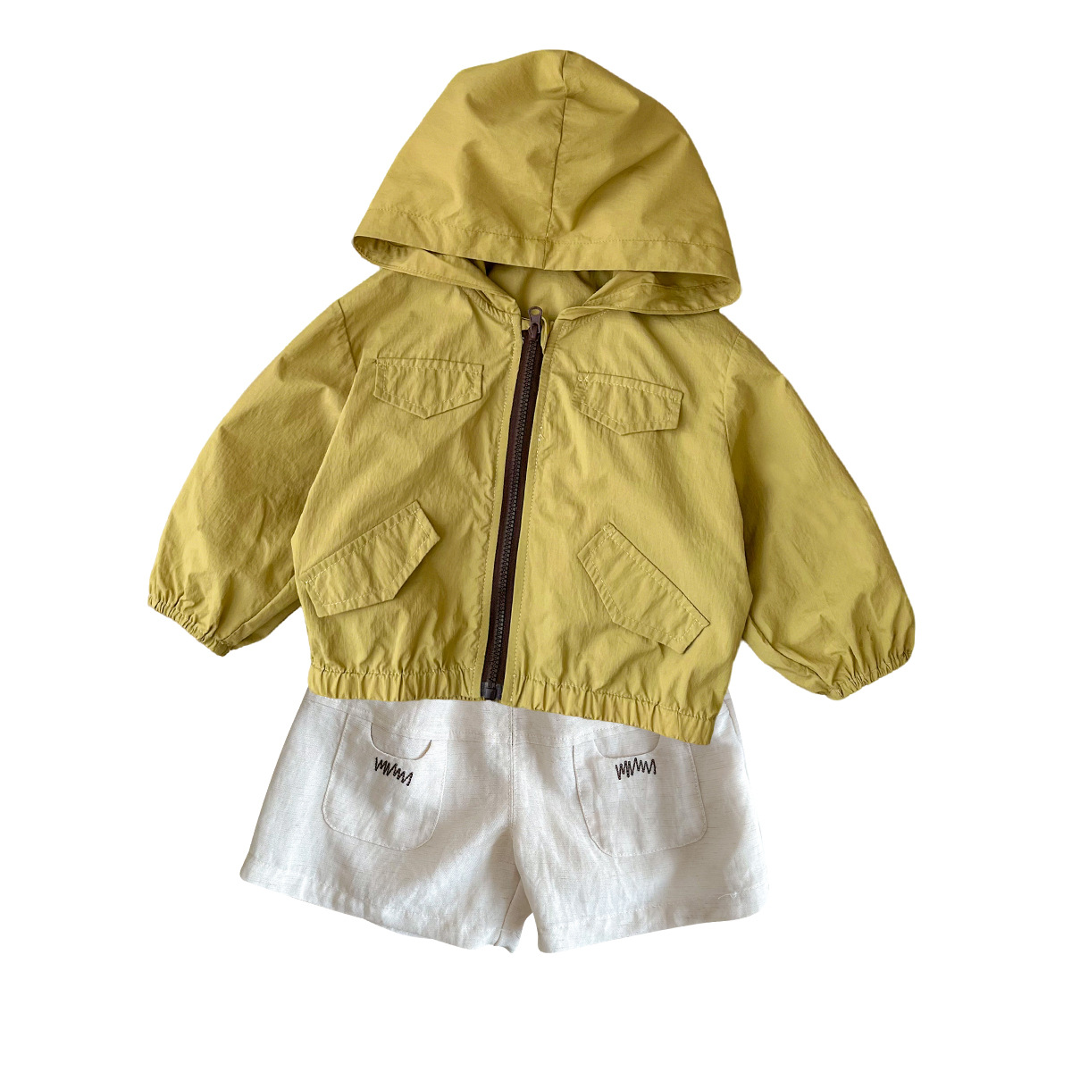 lightweight breathable mustard yellow sun protection vest, striped T-shirt and shorts