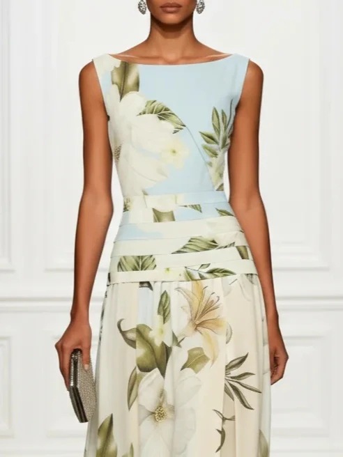 Women's Floral Print Sleeveless Backless Maxi Dress - model wearing light blue version