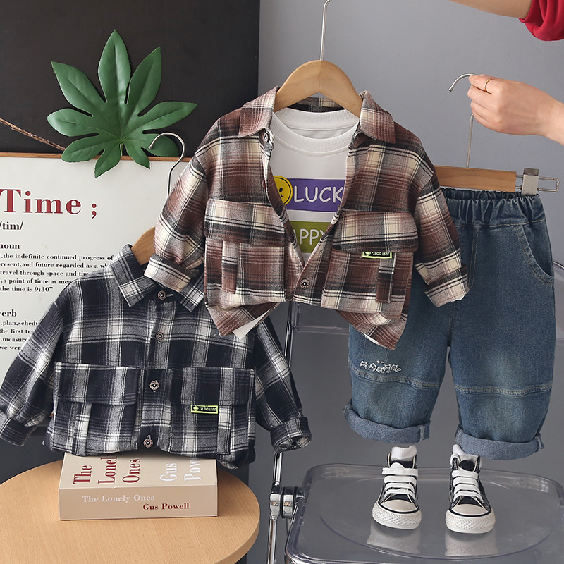 Spring and Autumn plaid shirt long sleeved three piece set