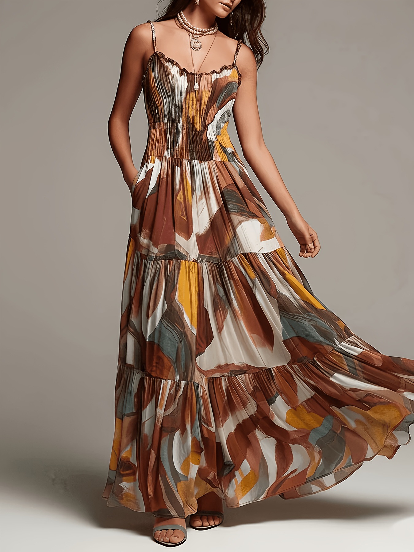 Women's brown maxi dress with pockets – spaghetti strap pleated waist vacation dress
