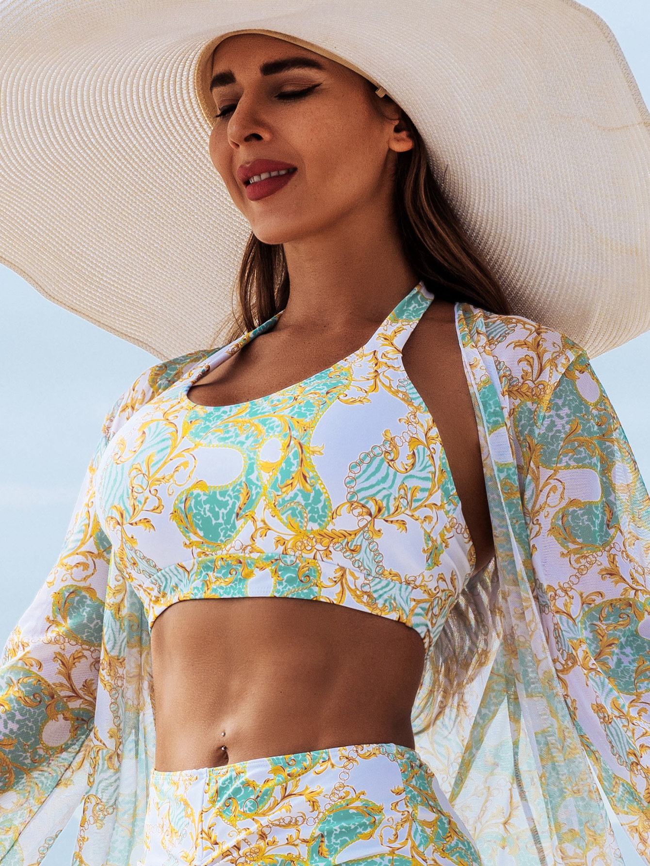 Detail view of multi-color print bikini set – padded cups and three-piece construction