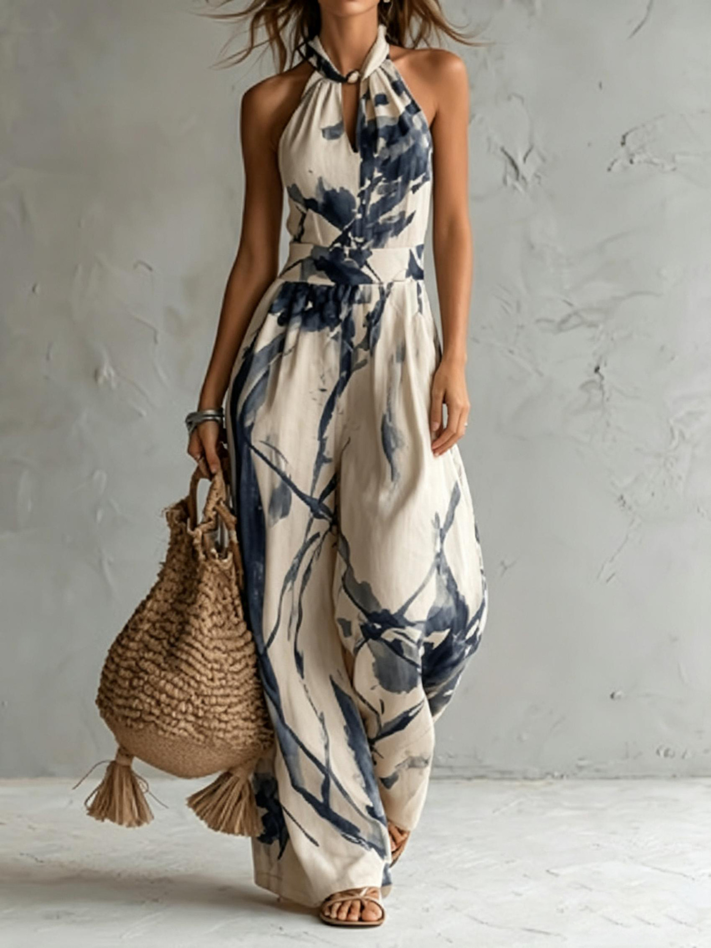 Apricot ink print halter jumpsuit – wide leg pocket full length casual resort