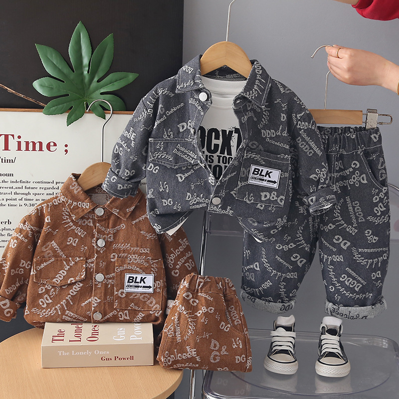 Jacquard denim long sleeved three piece set for babies