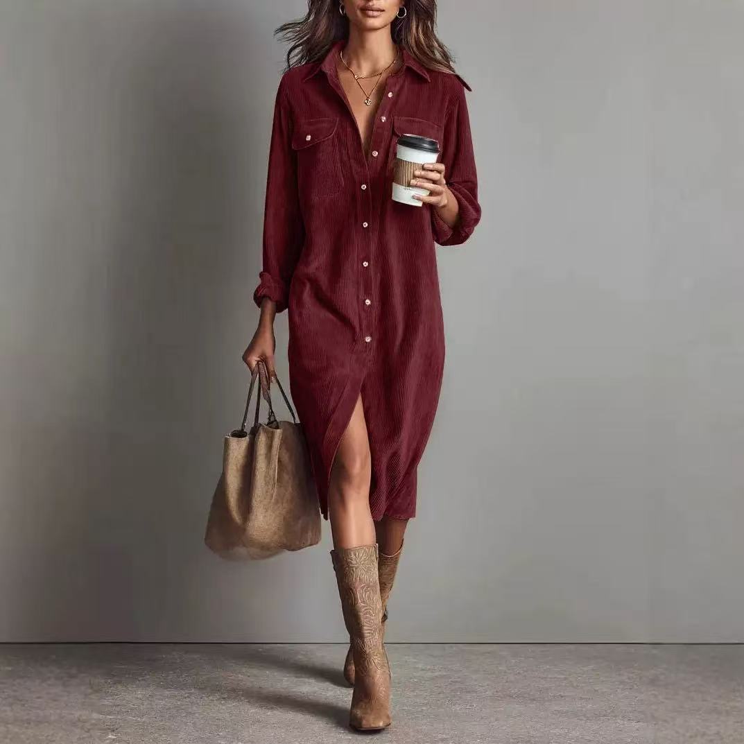 Women's corduroy shirt dress product detail view – button front and chest pockets