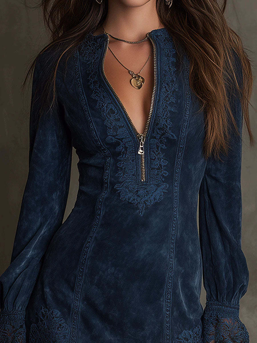 Women's zip-front mini dress lifestyle shot – styled with boots and layered necklaces