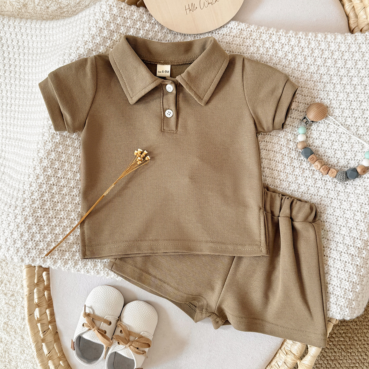 Collar Short Sleeve Set Solid Color Cotton Two Piece Set