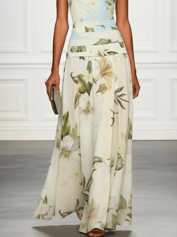 Women's Floral Print Sleeveless Backless Maxi Dress - skirt hem and length detail