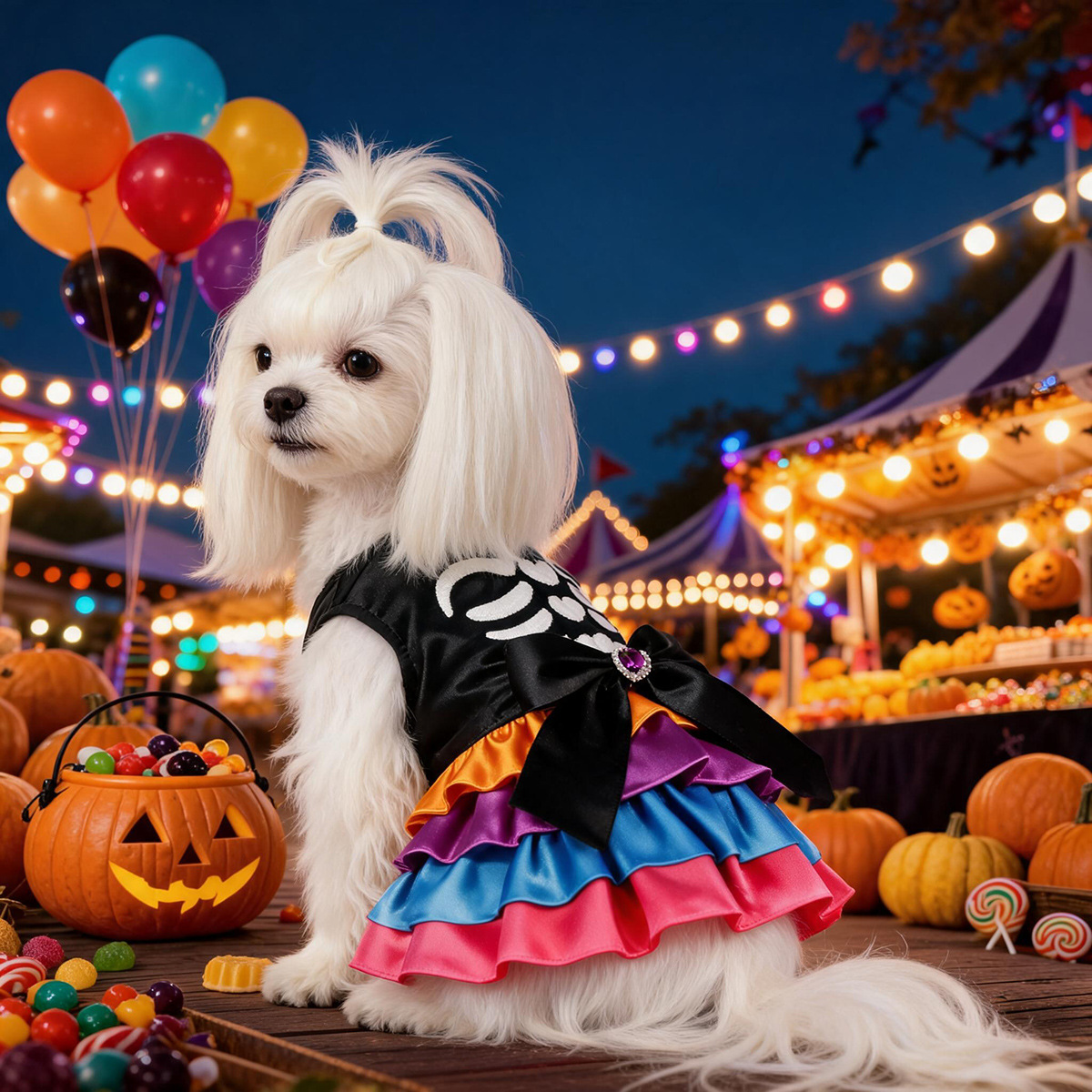 Halloween Skull Skeleton Pet Rainbow Tulle Dress with Bow, Funny Costume for Dog and Cat Party