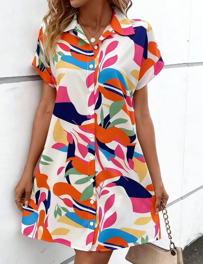 Women's tropical print shirt dress back and side view