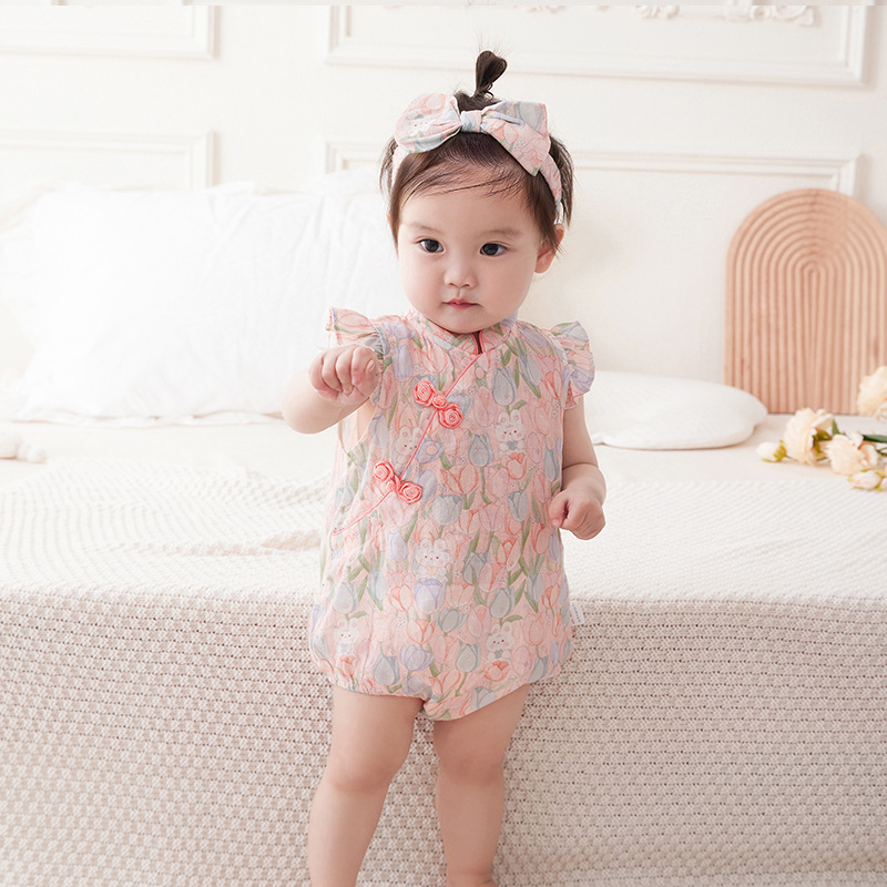 Baby Girl Summer Newborn Romper Chinese Style Button Snap Front Triangular Bodysuit