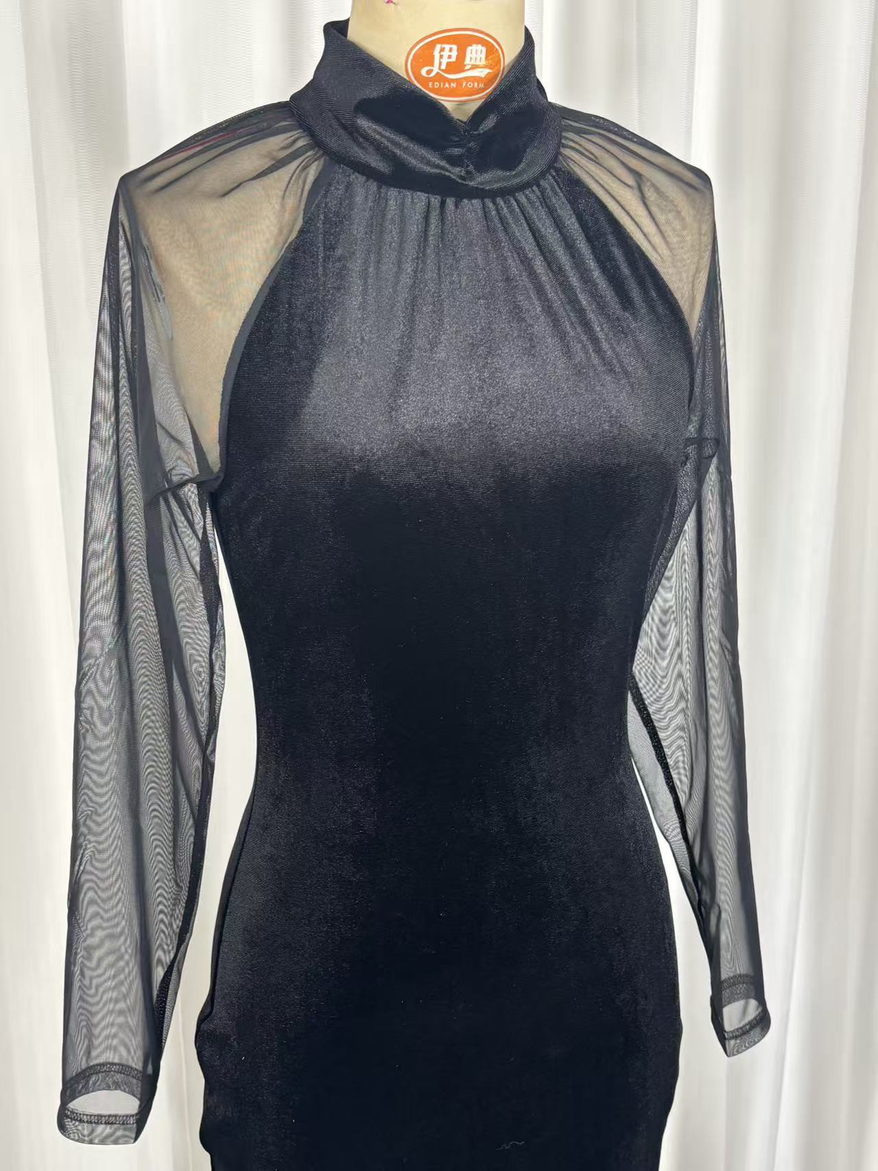Black sheath dress mesh overlay – high neck long sleeve midi formal evening