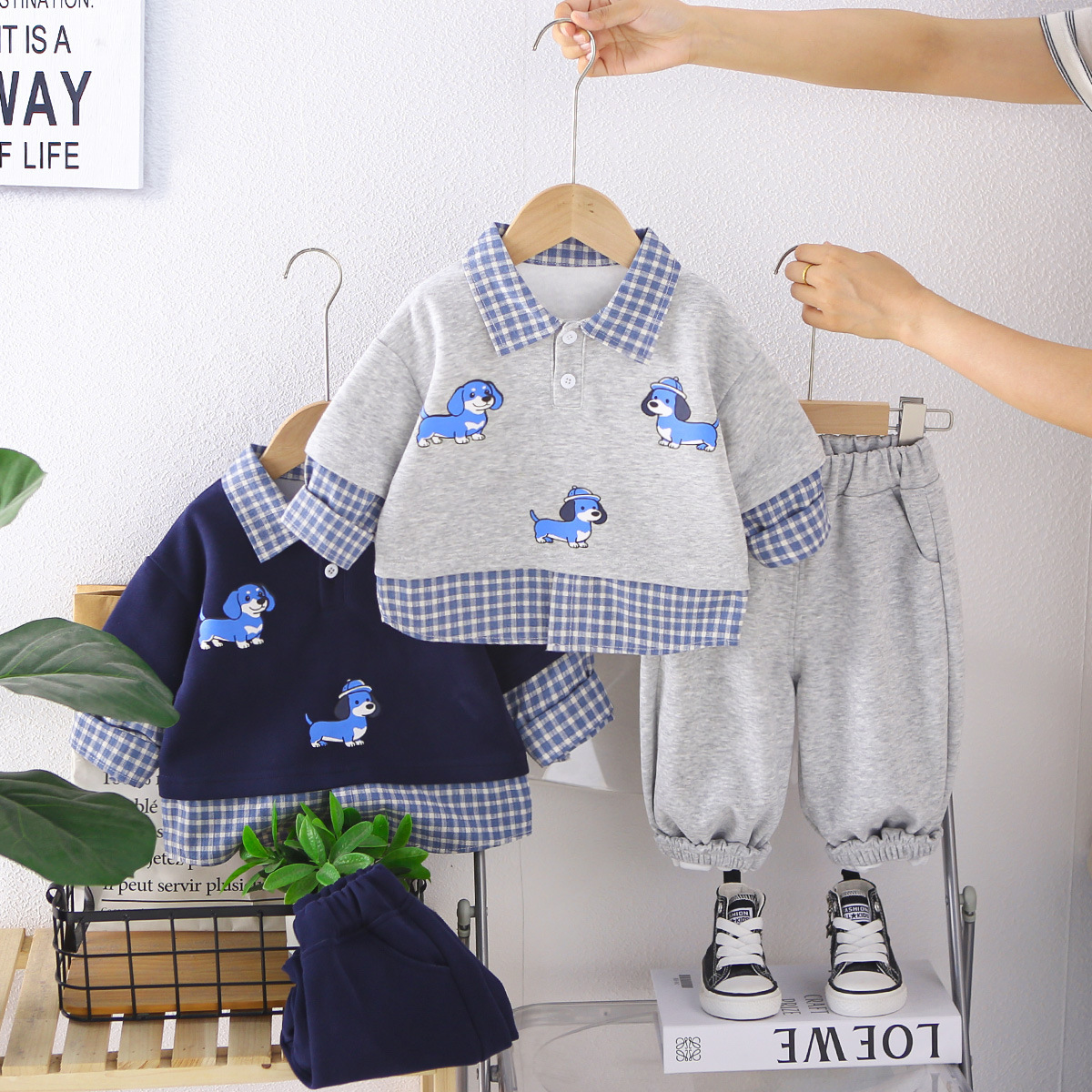 Spring and Autumn Baby Casual Door placket Long Sleeve Two Piece Set