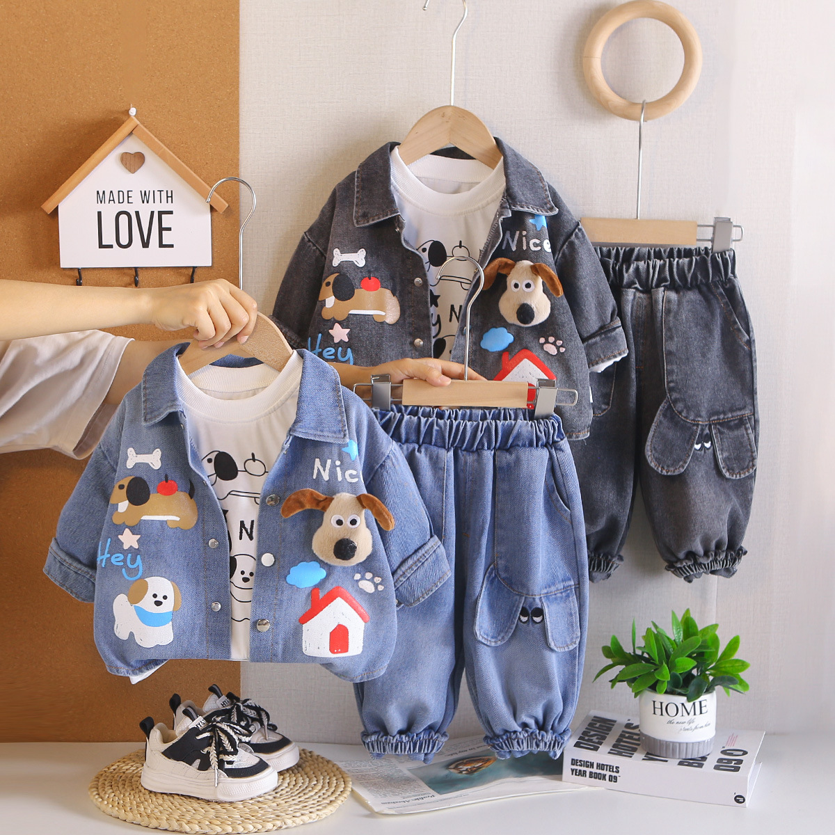 Three piece cartoon denim long sleeved set for children and babies