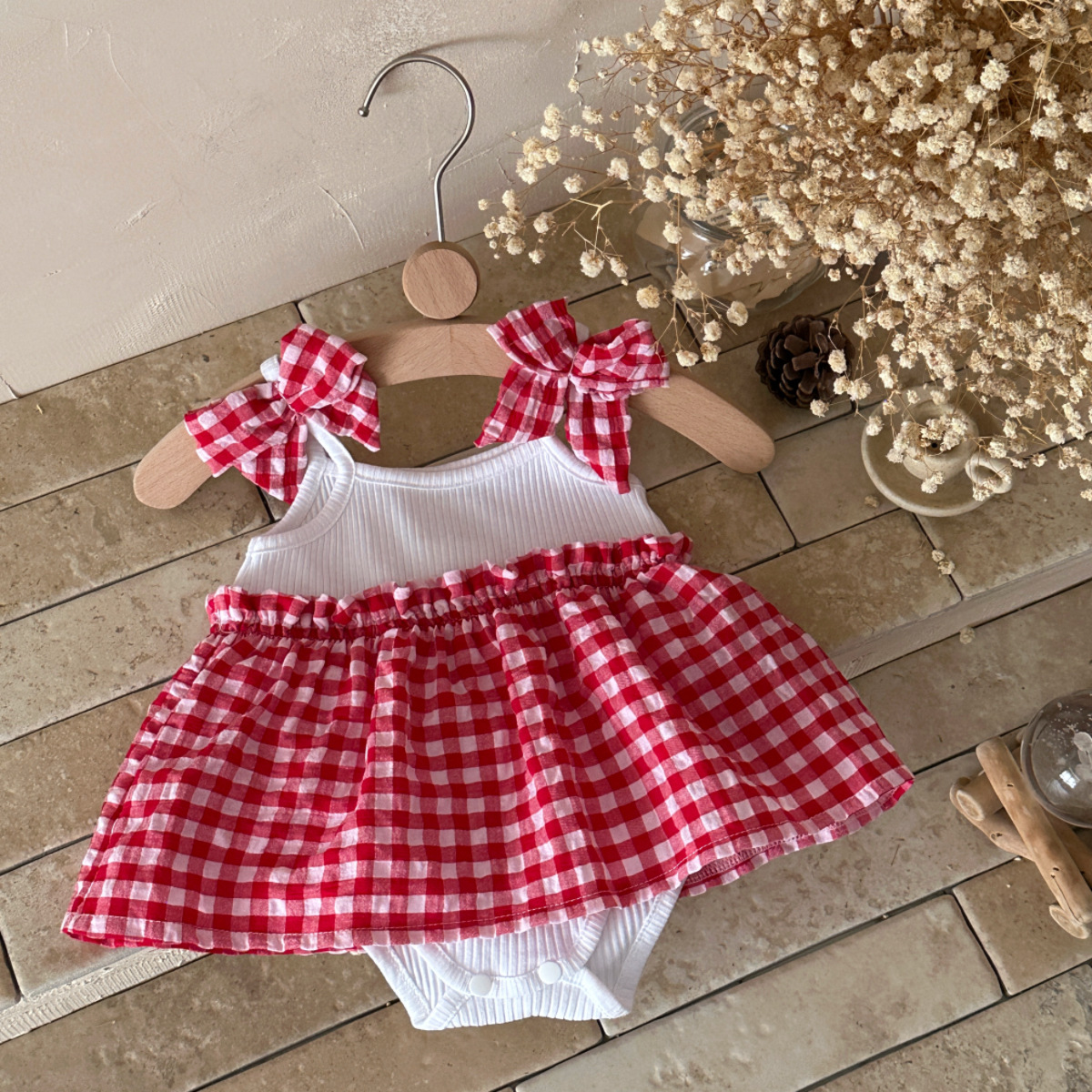 Checkered camisole jumpsuit cute baby bow crawling suit