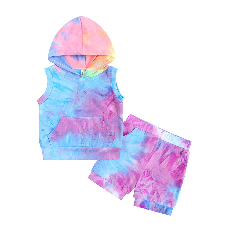 Children's tie dye set sleeveless hooded pullover