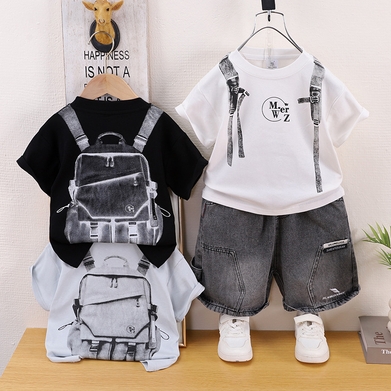 Children's printed backpack short sleeved two-piece set