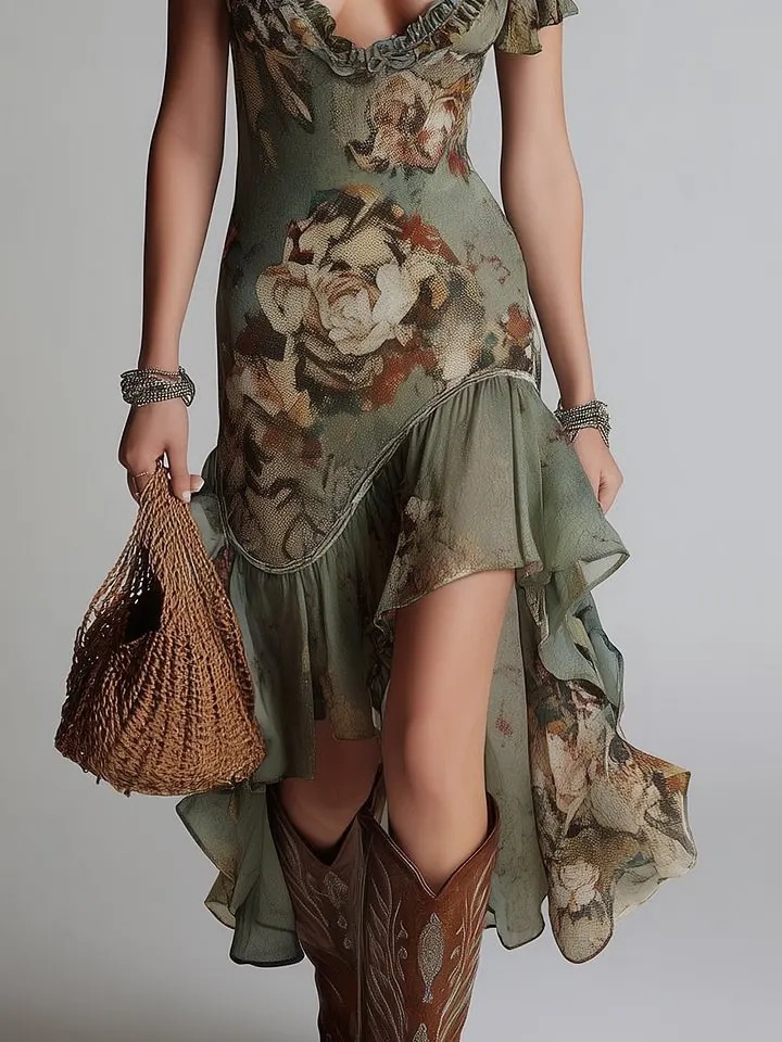 Women's Ruffle Hem Midi Dress - full length lifestyle shot in Green