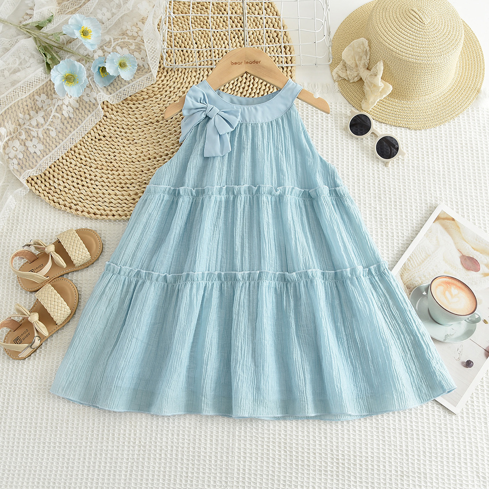 Summer New Layered Butterfly Knot Chiffon Halter Princess Dress for Girls Blue