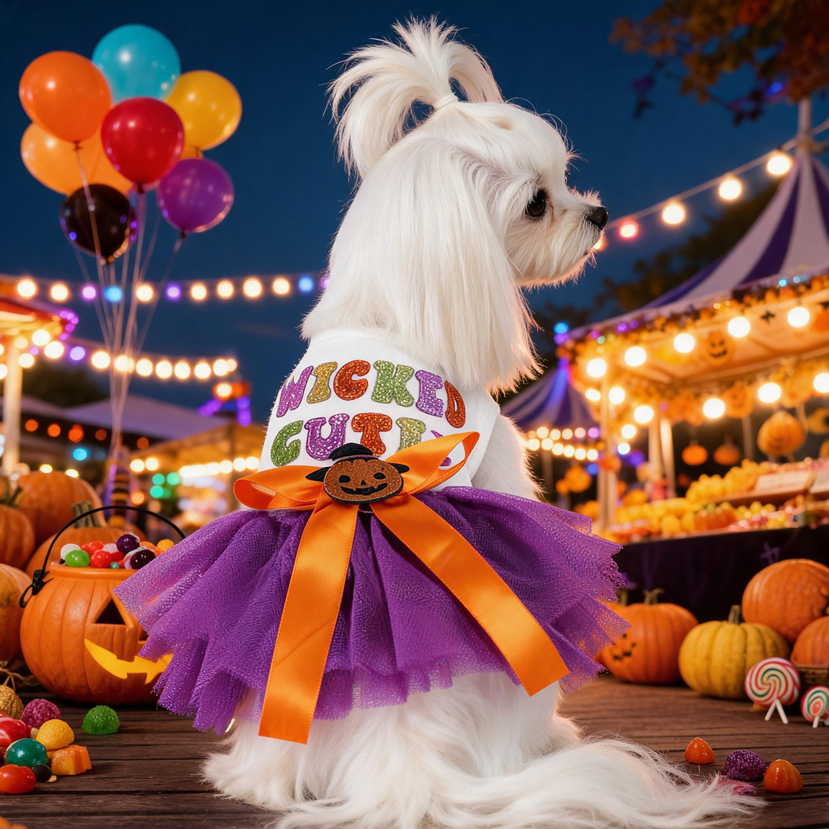 Purple Mesh Pumpkin Witch Pet Halloween Dress with Colorful Sequin Letters Dog Princess Dress Pet