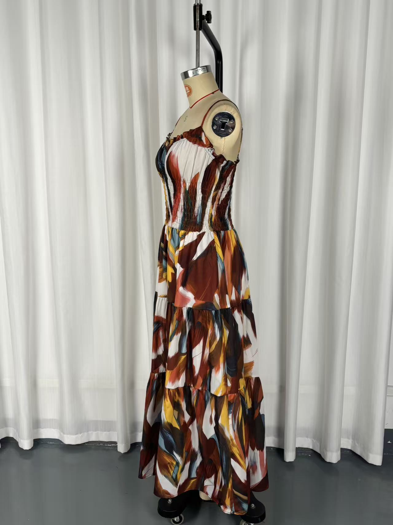 Flowy brown maxi dress – thin shoulder strap pleated waist sleeveless long dress