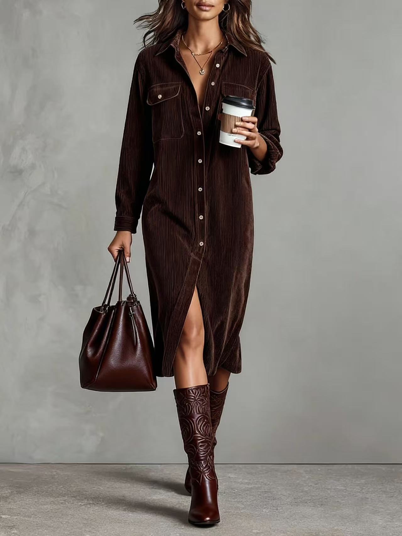 Women's corduroy long sleeve dress back view – straight midi silhouette