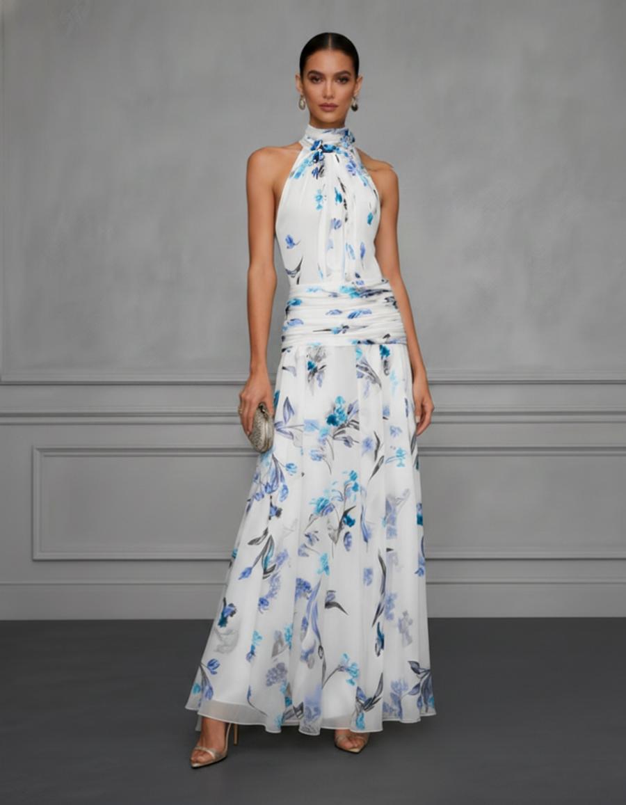 Halter neck printed dress – fitted sleeveless maxi long dress all colors