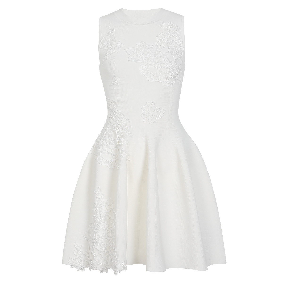 Women’s Sleeveless Knit Mini Dress with Floral Lace Appliqué, Round Neck Slim
