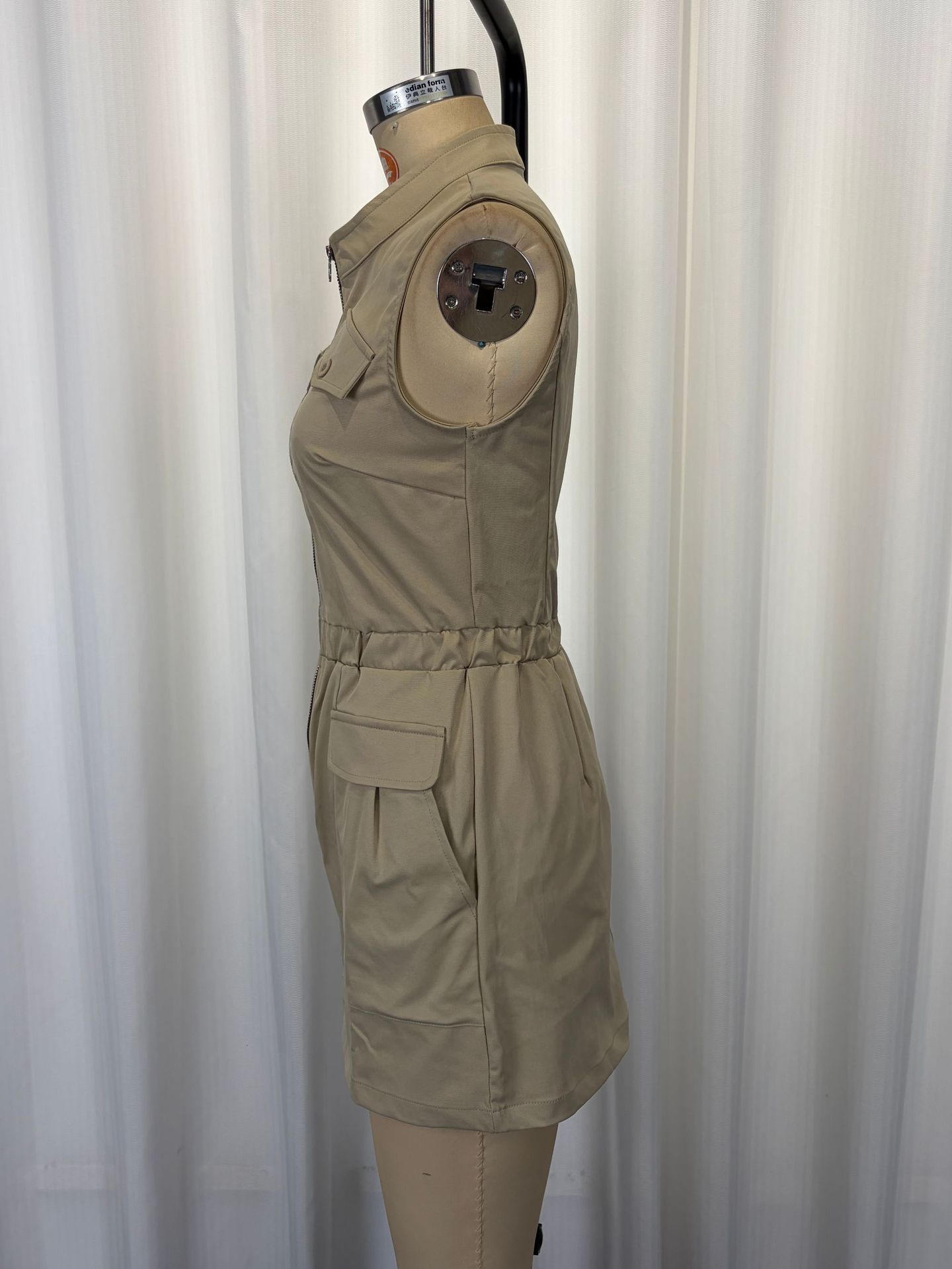 Khaki sleeveless long dress back view – stand collar zipper workwear maxi